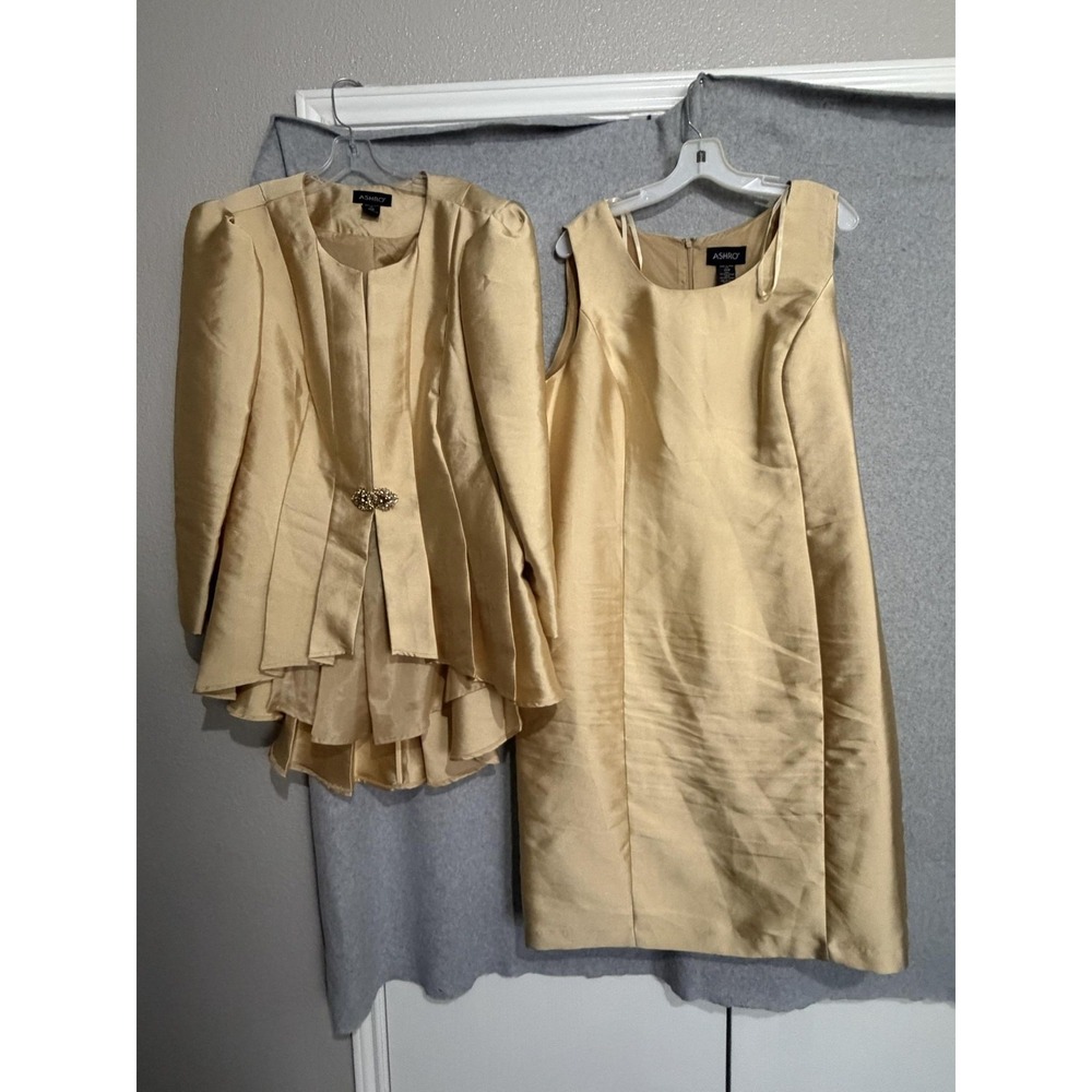 Ashro 2 Piece Jacket Dress Suit Set Womens 20W Gold Satin Formal Wedding Church